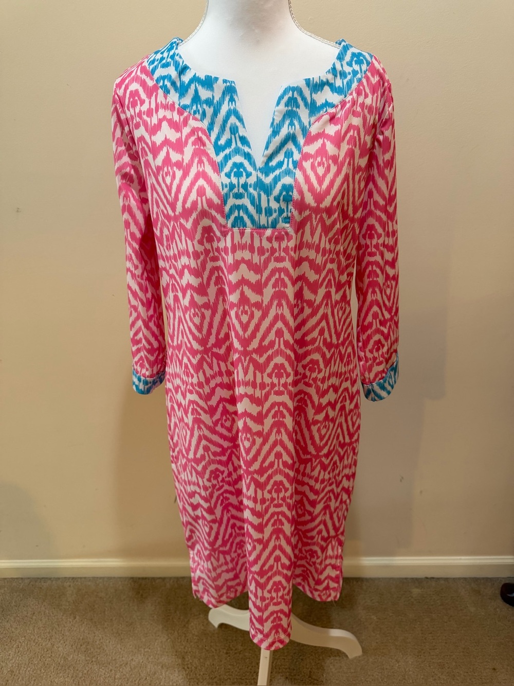 Caribbean Joe Pink & Blue Bathing Suit Coverup Mini Dress 3/4 Sleeves Size M